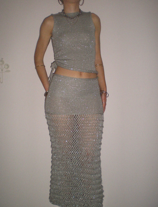 The Chainmail Skirt - handmade silver metallic mesh maxi skirt