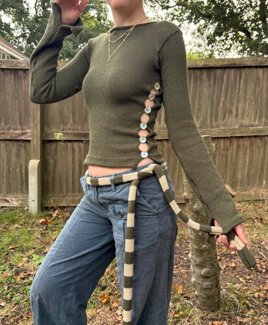 Pearl Long Sleeve in khaki green - handmade knit jumper with mother of pearl buttons (pre made in S)