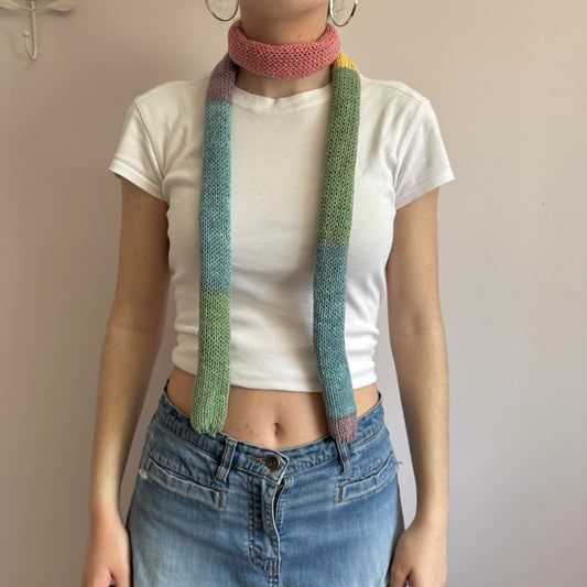 Handmade cotton knitted colour block skinny scarf in dusky rainbow