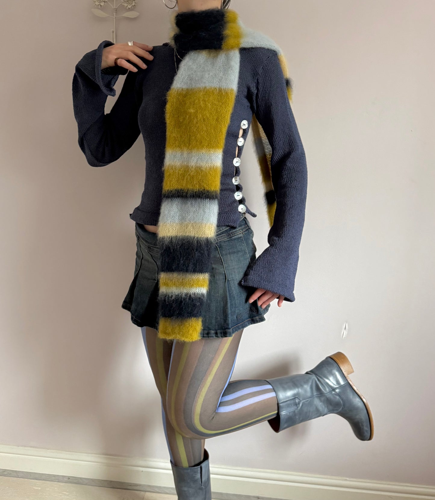 1 of 1 fluffy striped scarf - navy and chartreuse 🫐🍋‍🟩 pre made