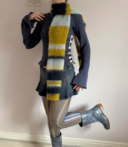 1 of 1 fluffy striped scarf - navy and chartreuse 🫐🍋‍🟩 pre made