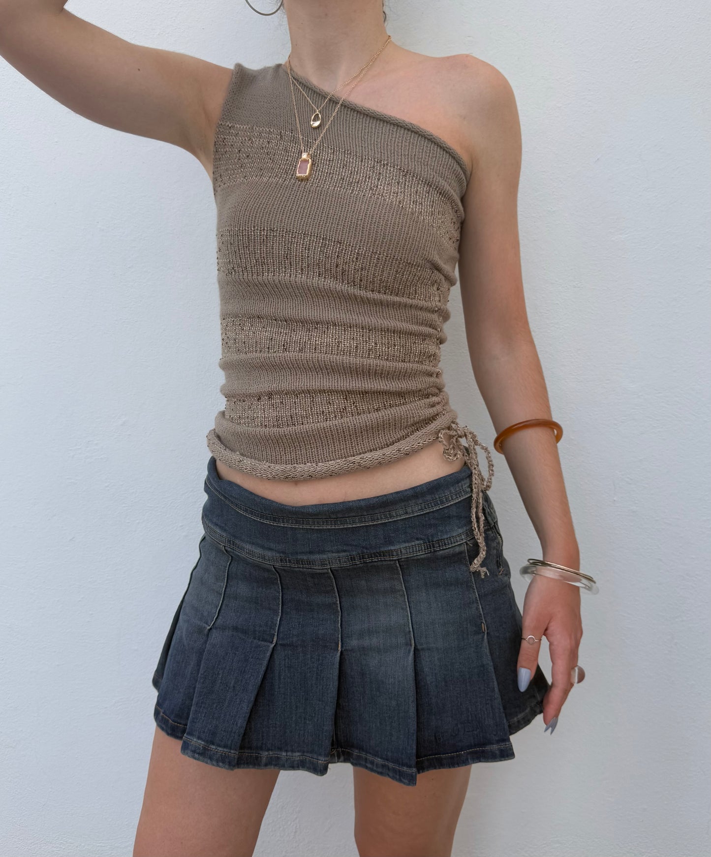 Handmade sparkly draped one shoulder knit top in gold (pre made in XS)