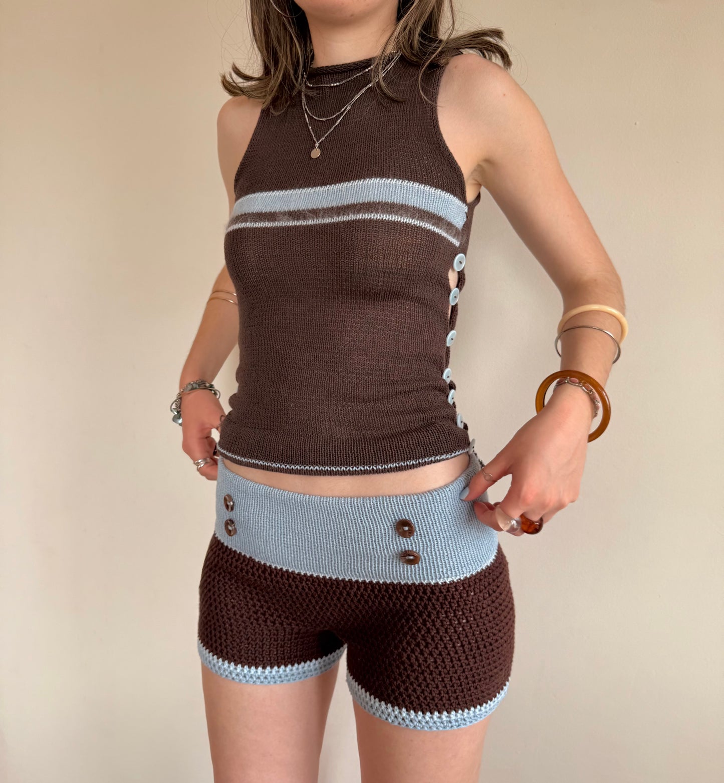 Brown & Baby Blue Button Shorts - limited edition (pre made in S)