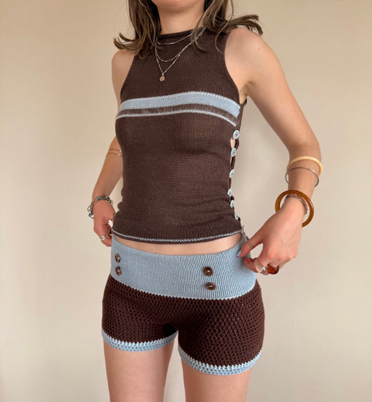 Brown & Baby Blue Button Shorts - limited edition (pre made in S)