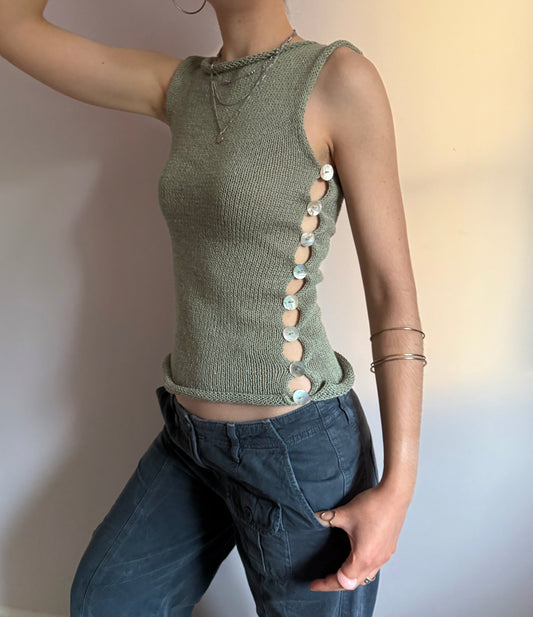 Handmade knitted Pearl Vest - sage green (pre made in size S-M).