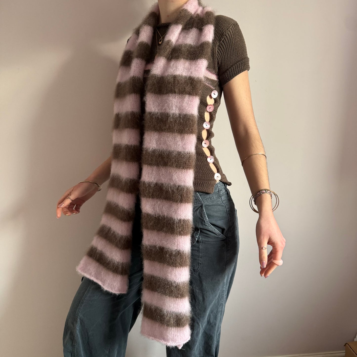 Pink and brown fluffy striped scarf - choose full width or skinny 🌸🤎 pre made