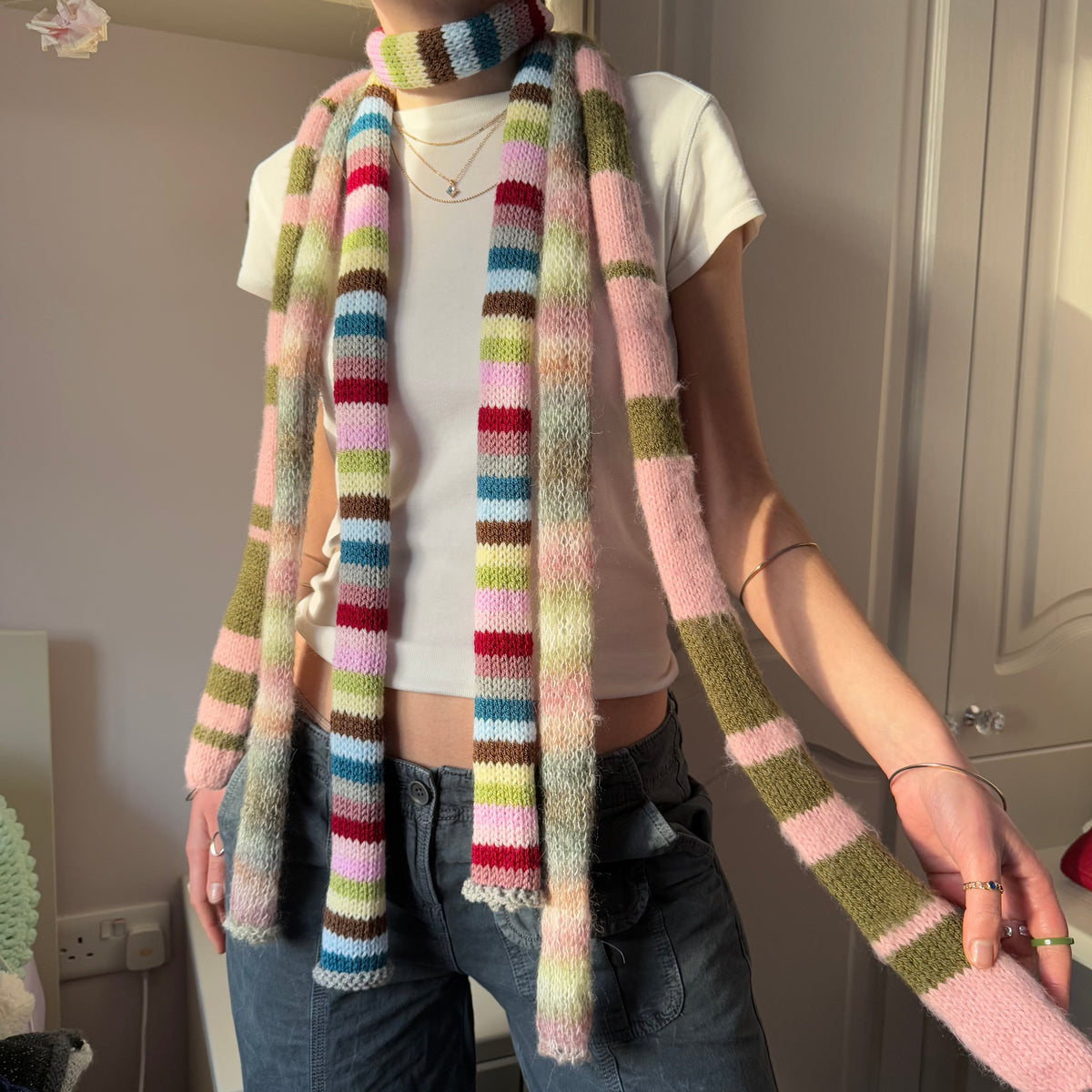 Handmade knitted multicoloured striped skinny scarf