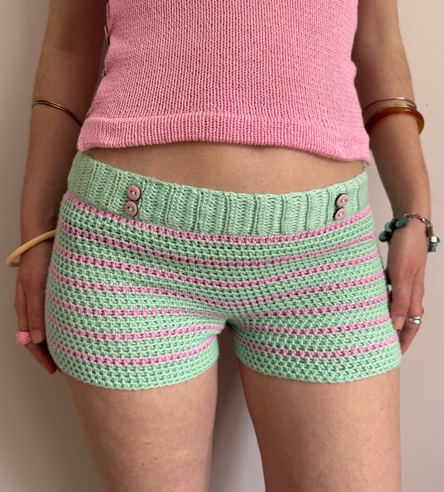 1 of 1 mint & pink striped cotton crochet button shorts (pre made in size XS)