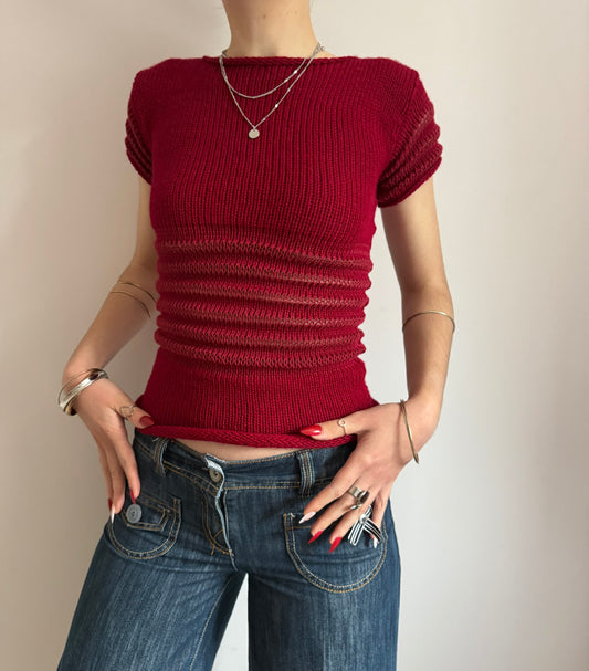The Ripple Tee in cherry red - handmade shirred top with puff sleeves
