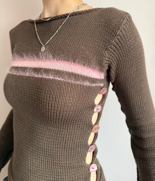 Pearl Long Sleeve in mocha - handmade striped knit jumper with pink mother of pearl buttons