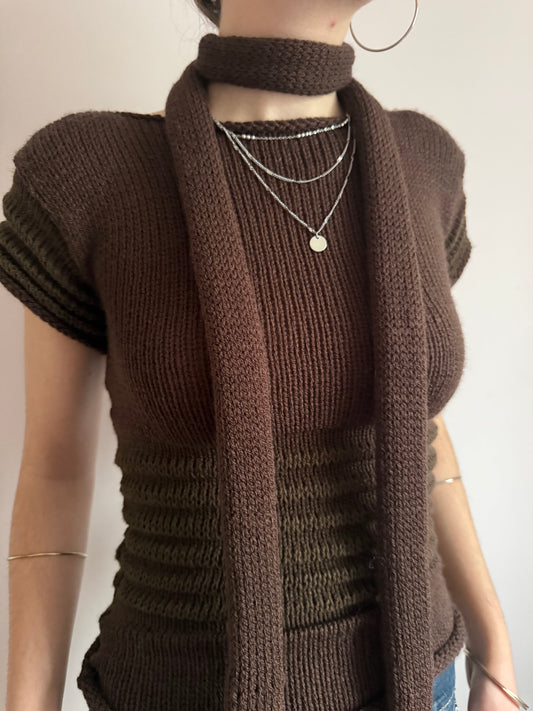 Handmade knitted skinny scarf in dark brown