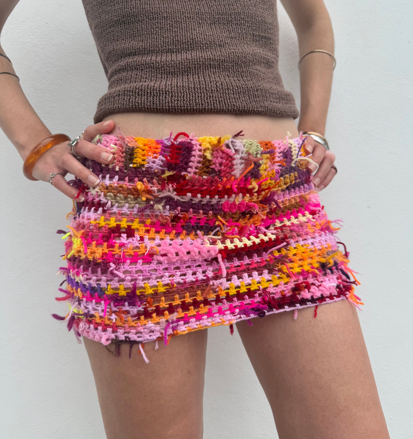 Handmade scrappy crochet mini skirt - 1 of 1, made of leftover yarn scraps (pre made in size S)