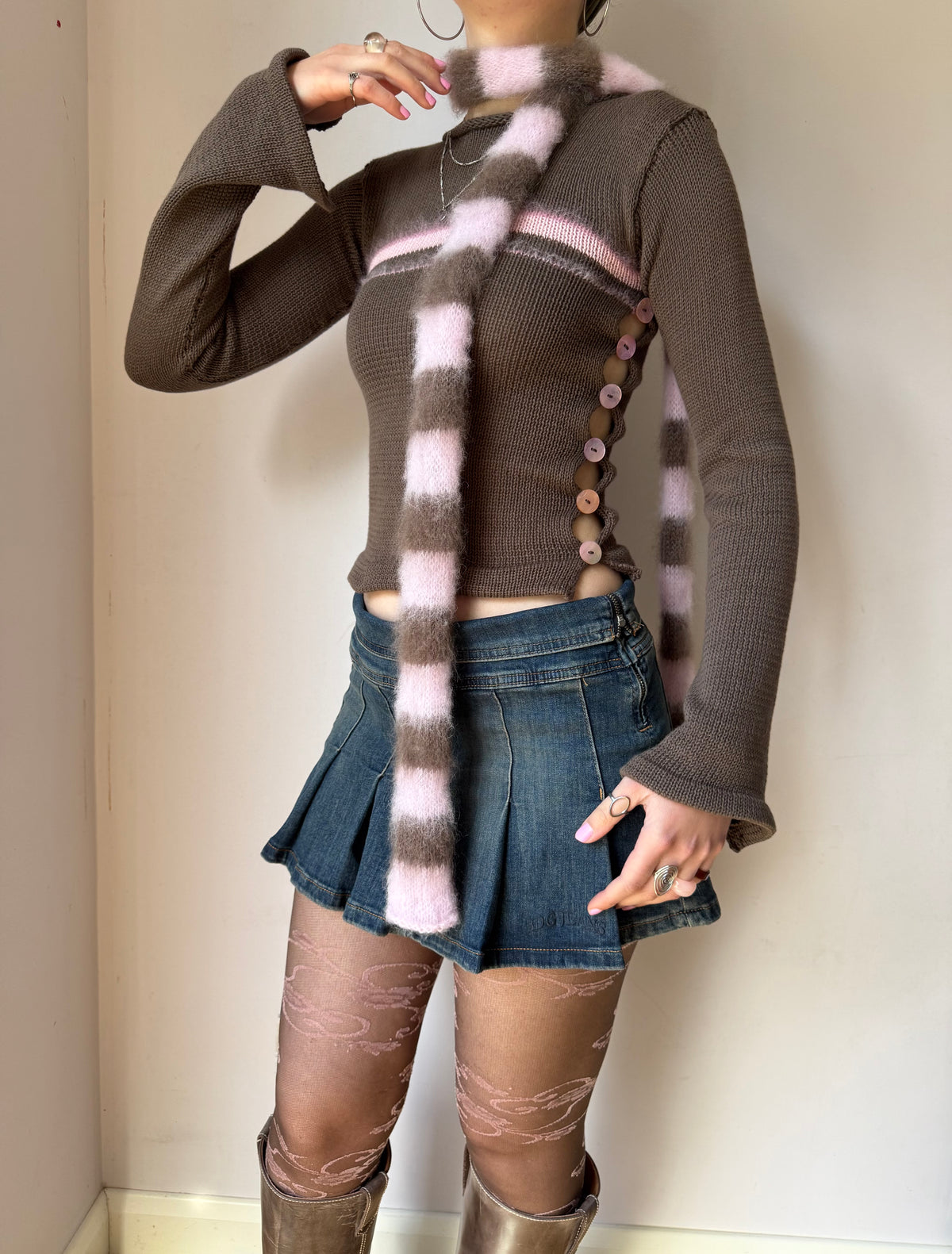 Pearl Long Sleeve in mocha - handmade striped knit jumper with pink mother of pearl buttons (pre made in S)