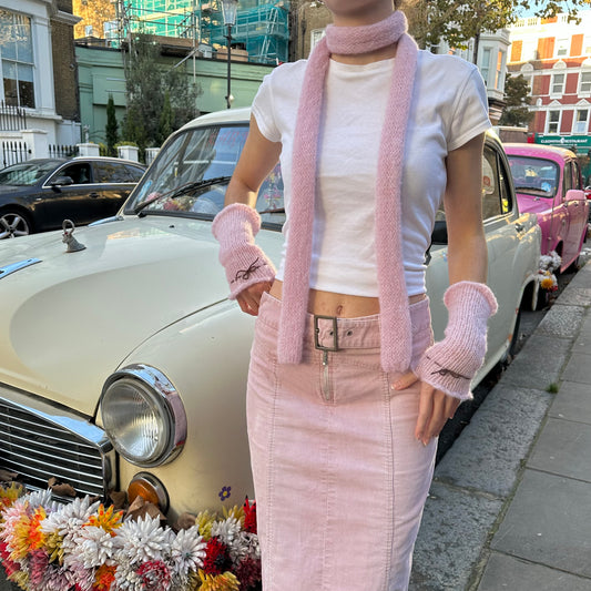 Handmade knitted mohair skinny scarf in baby pink