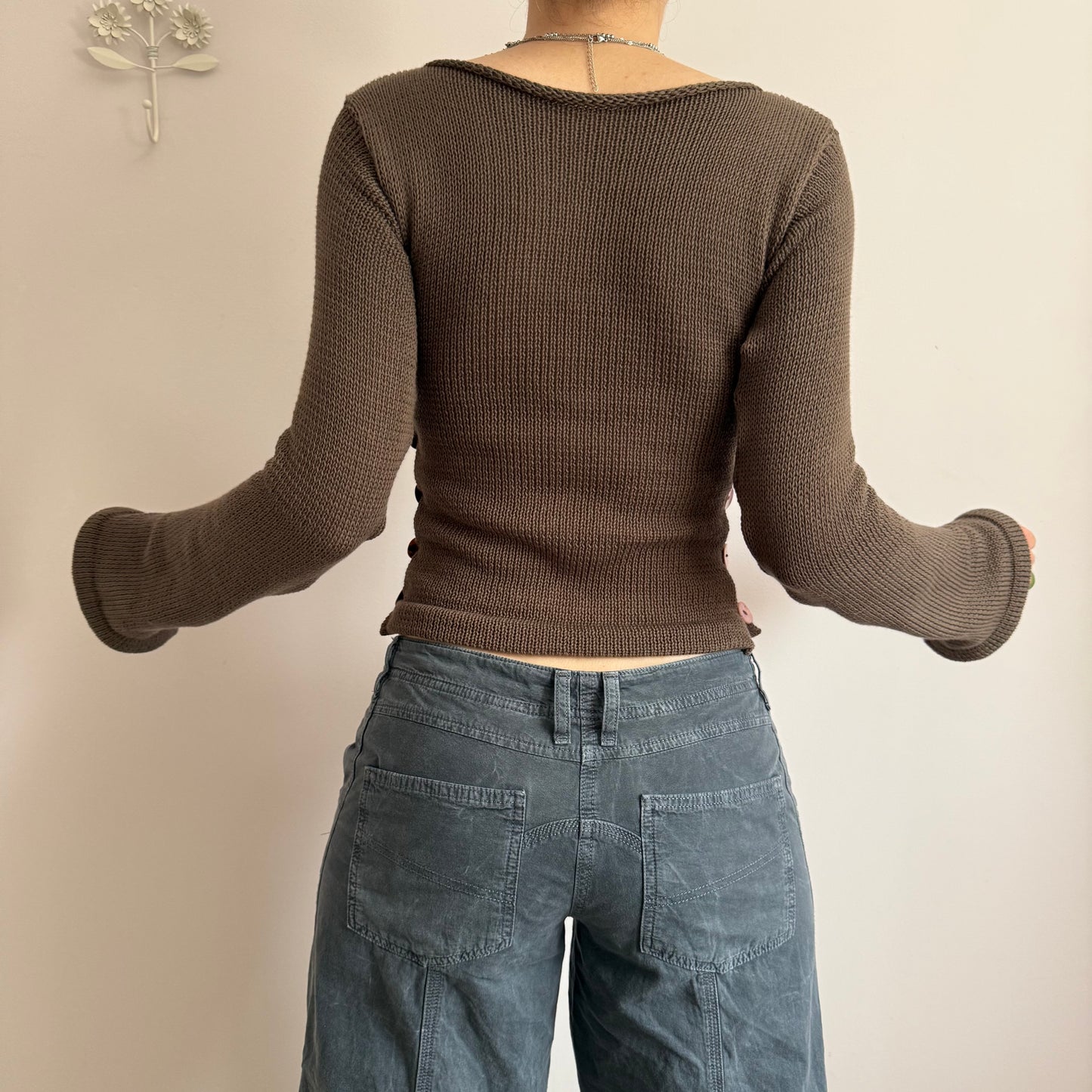 Pearl Long Sleeve in mocha - handmade striped knit jumper with pink mother of pearl buttons