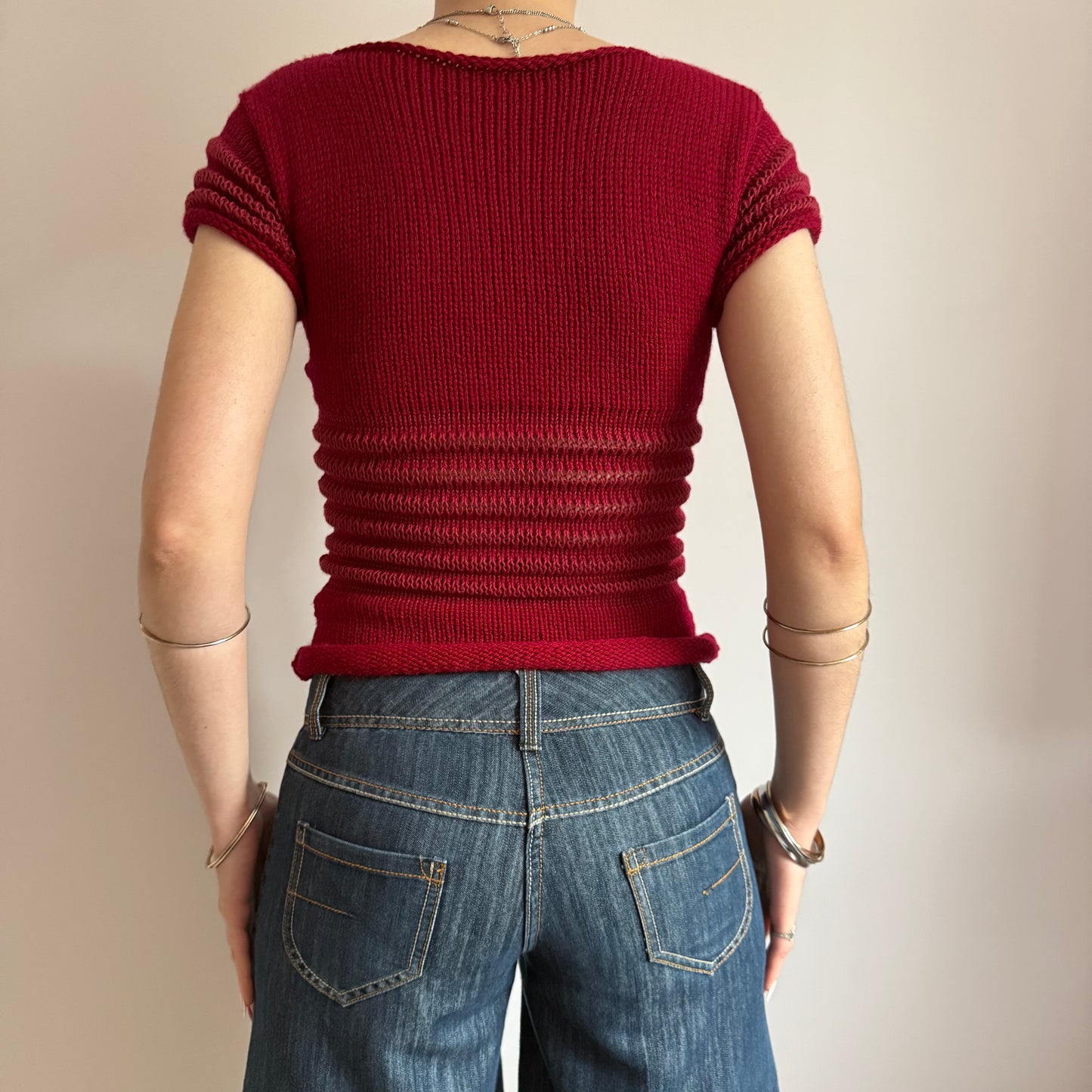 The Ripple Tee in cherry red - handmade shirred top with puff sleeves