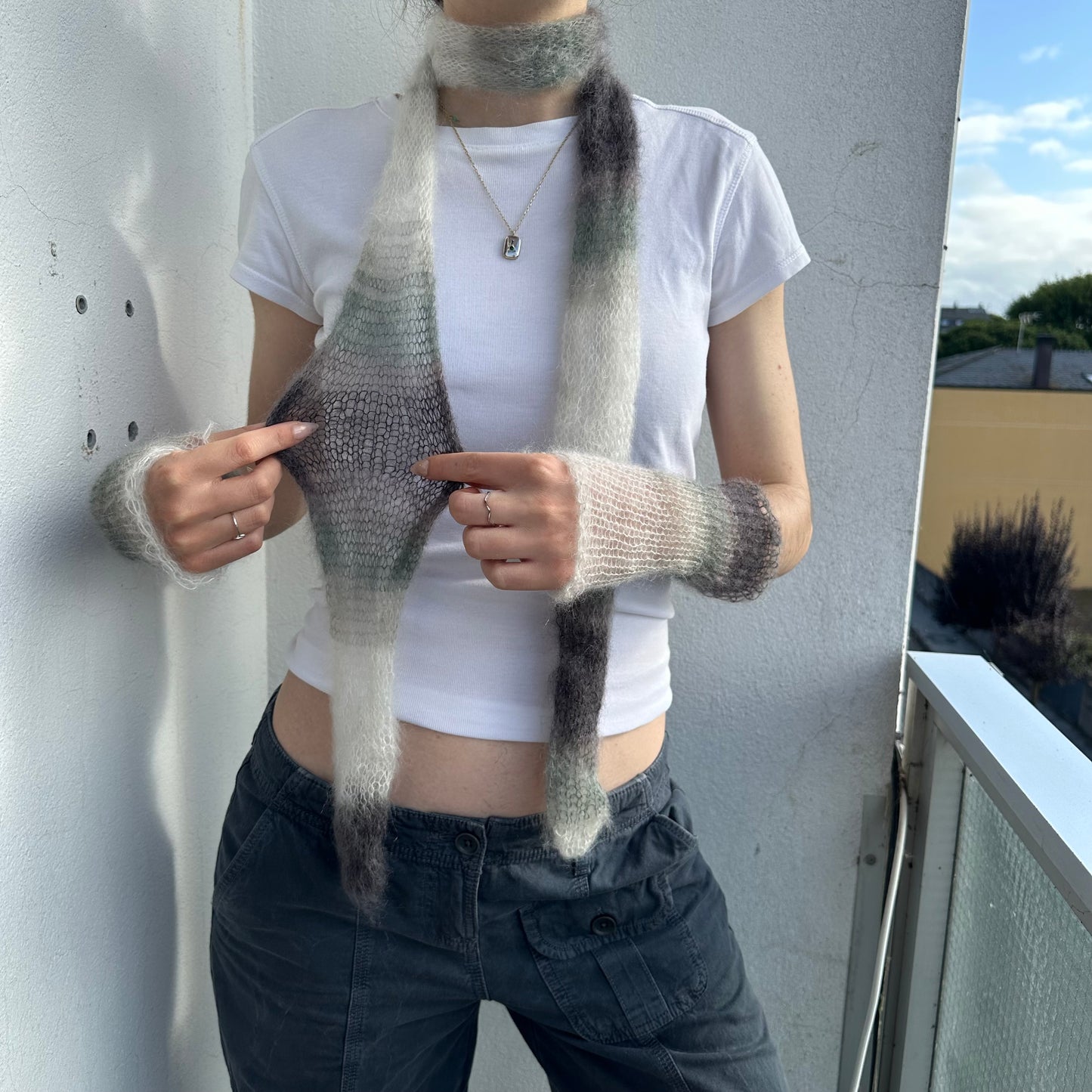 Handmade knitted mohair skinny scarf in ombré black, grey & white