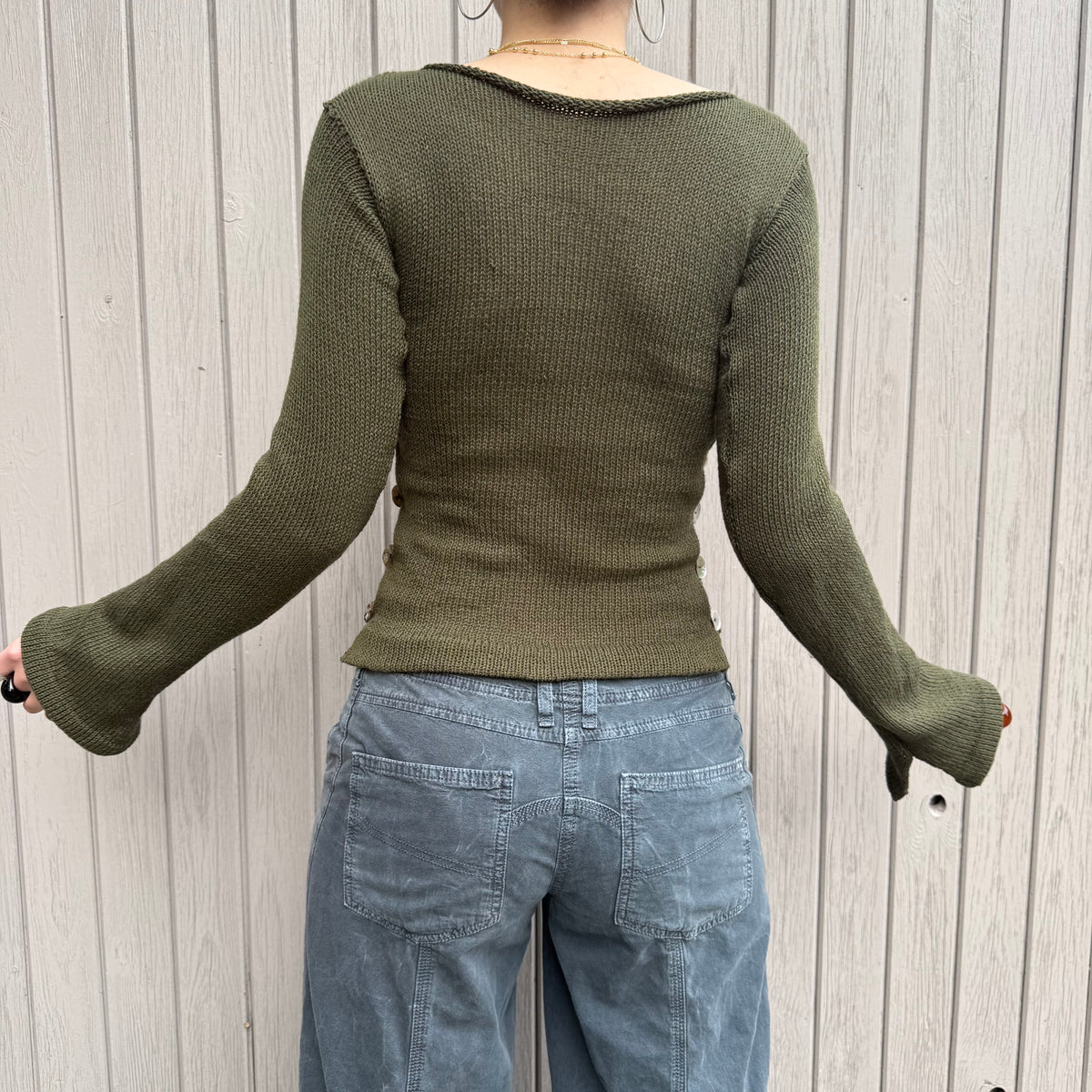 Pearl Long Sleeve in khaki green - handmade knit jumper with mother of pearl buttons (pre made in S)