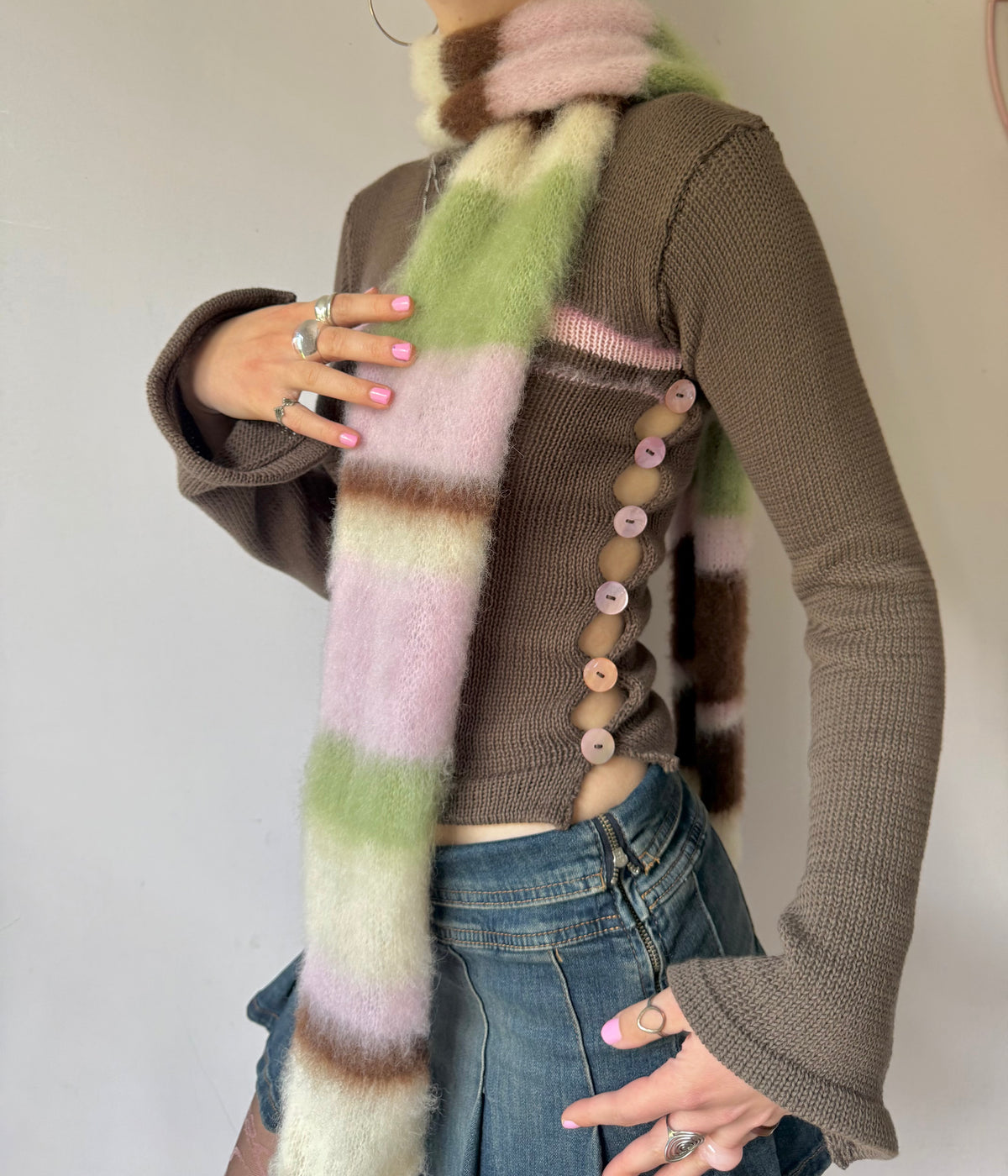 Fluffy striped knit scarf - Strawberry Matcha (choose full width or skinny) 🌸