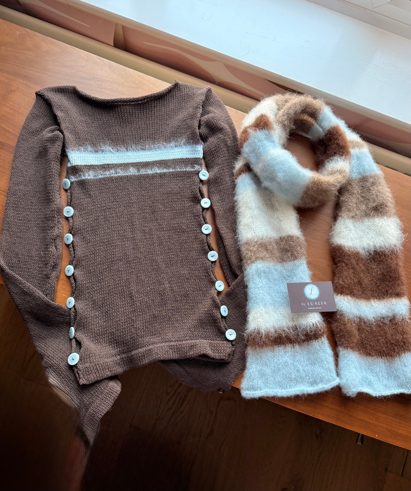 Handmade fluffy baby blue, cream and brown striped scarf - made to order