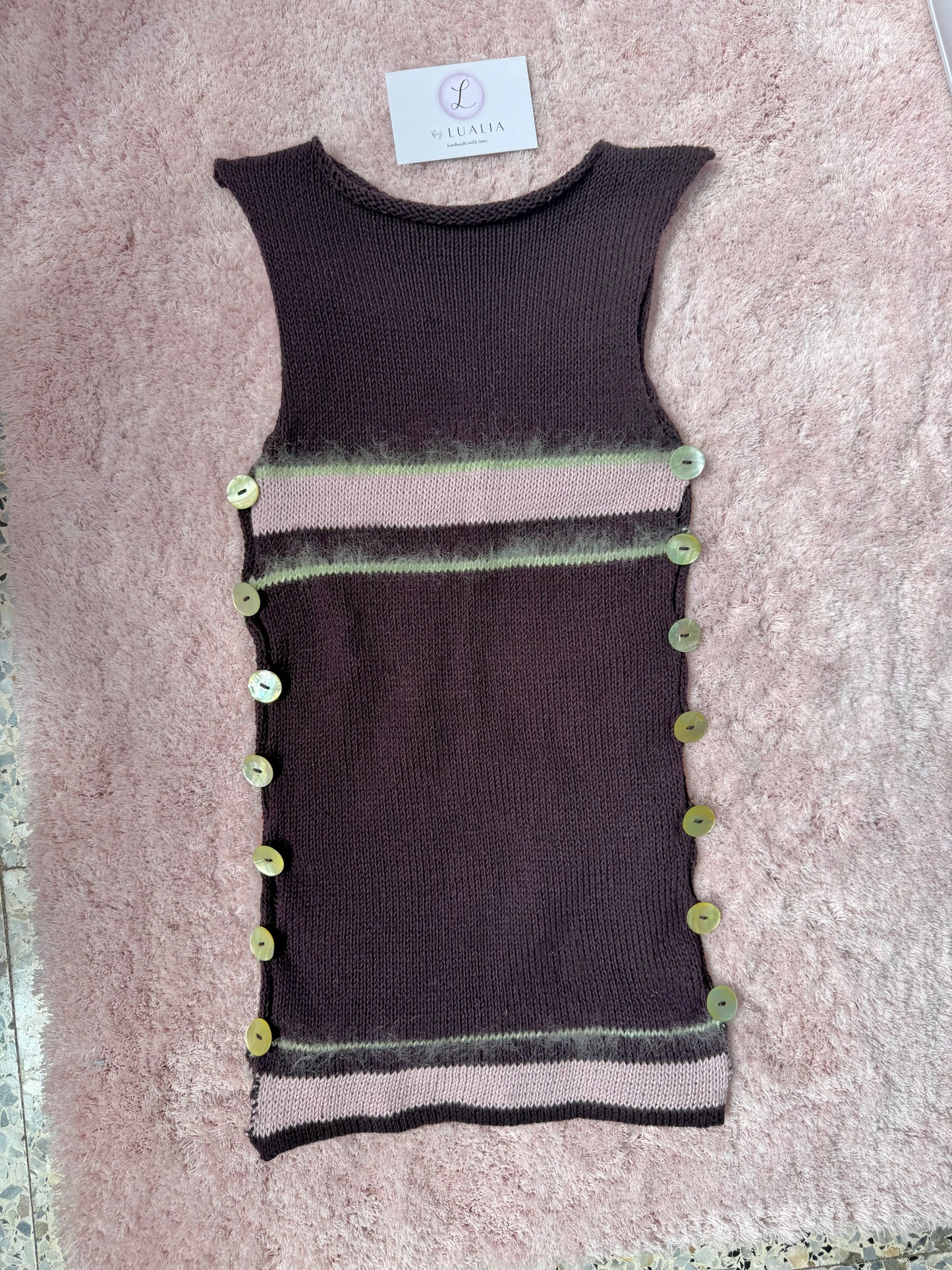Striped Pearl Vest in plum purple with green mother of pearl buttons (pre made in S)