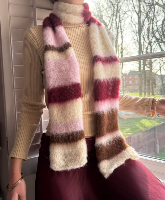 Handmade cream, burgundy, brown and baby pink fluffy striped scarf - choose full width or skinny 🌸
