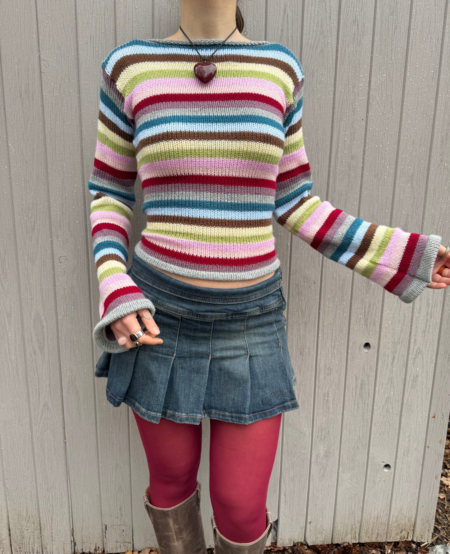 Handmade multicoloured striped knitted jumper with flared sleeves - made to order