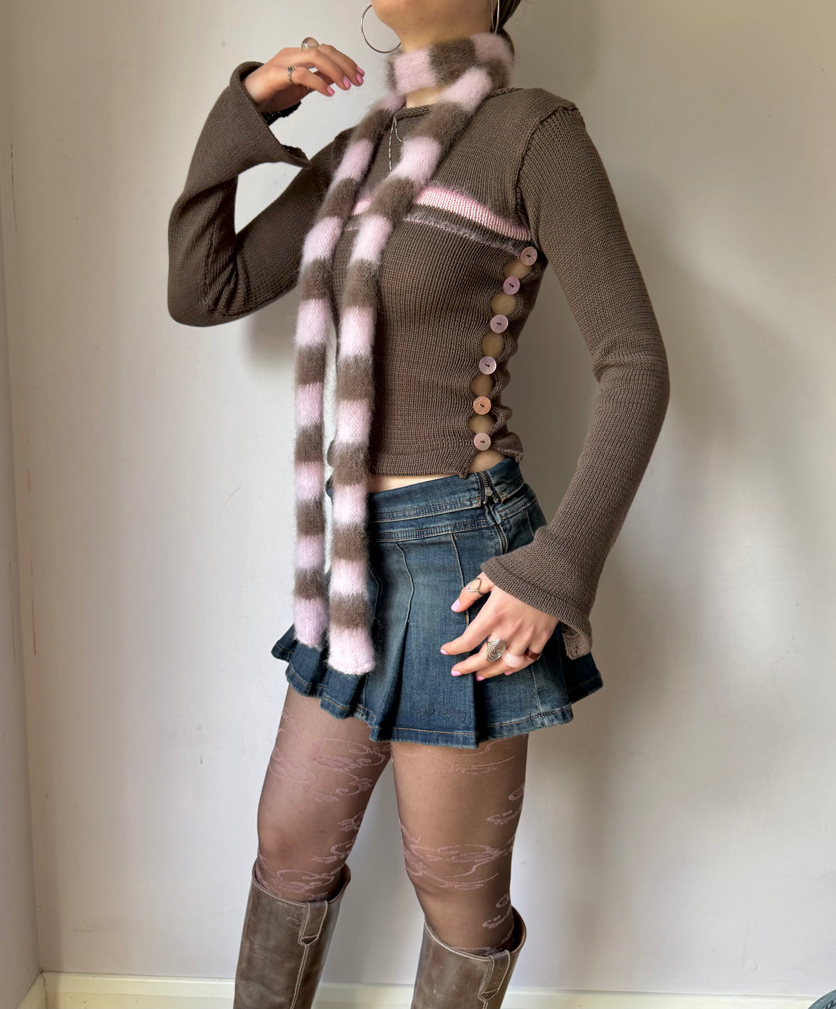 Extra long fluffy striped scarf - Pink & Brown (pre made in skinny width) 🌸🤎