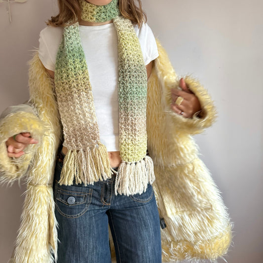 Handmade ombré green, beige and cream tassel crochet scarf
