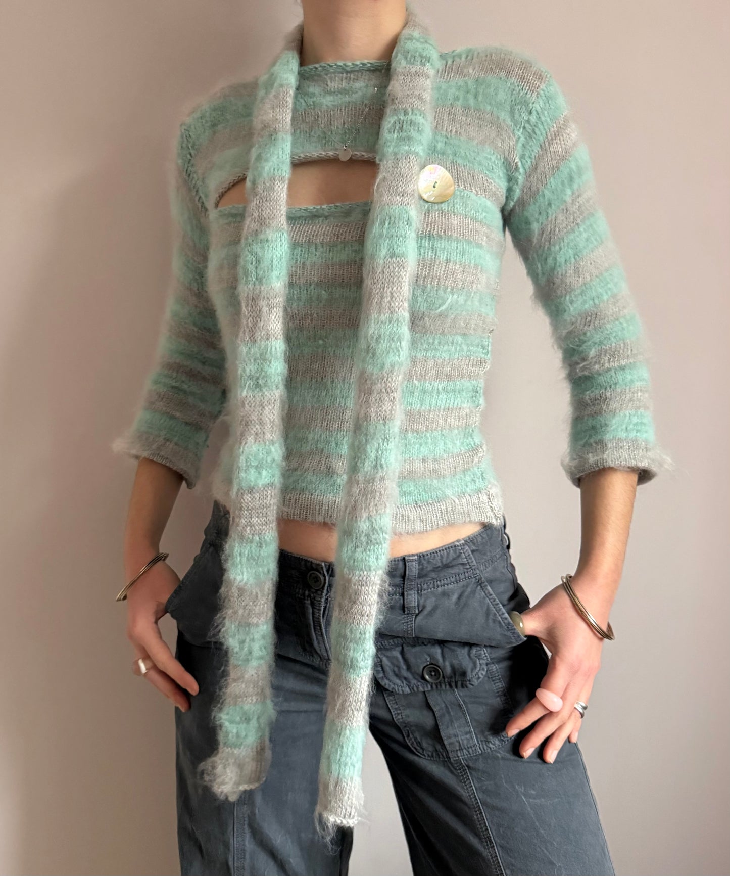 Fluffy striped knit skinny scarf in aqua & grey - pre made