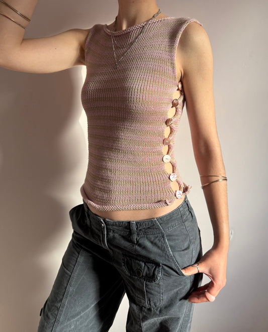 Handmade knitted Pearl Vest - dusky pink and beige striped (pre made in size S).