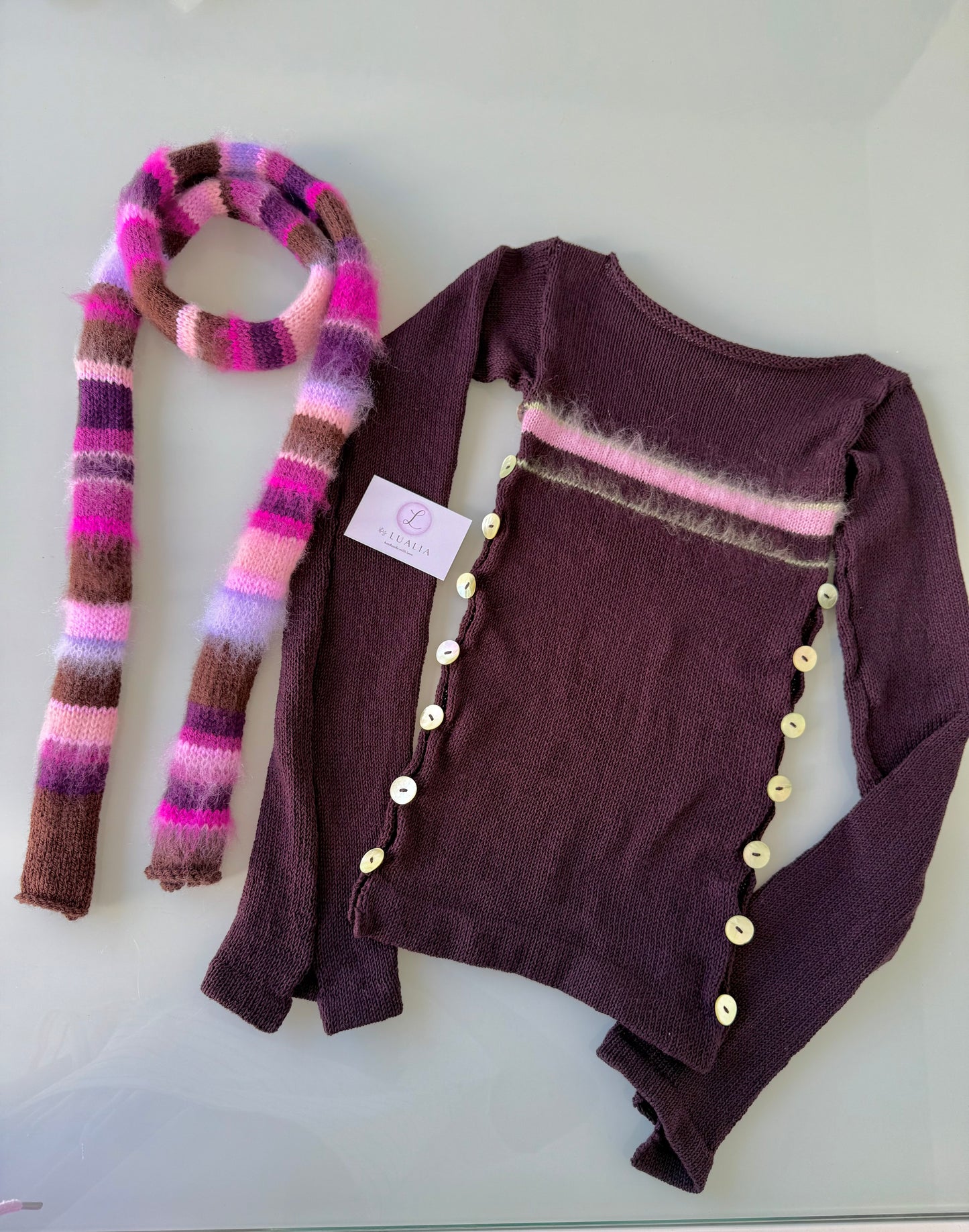 Purple, pink and brown handmade knitted mohair striped skinny scarf - pre made