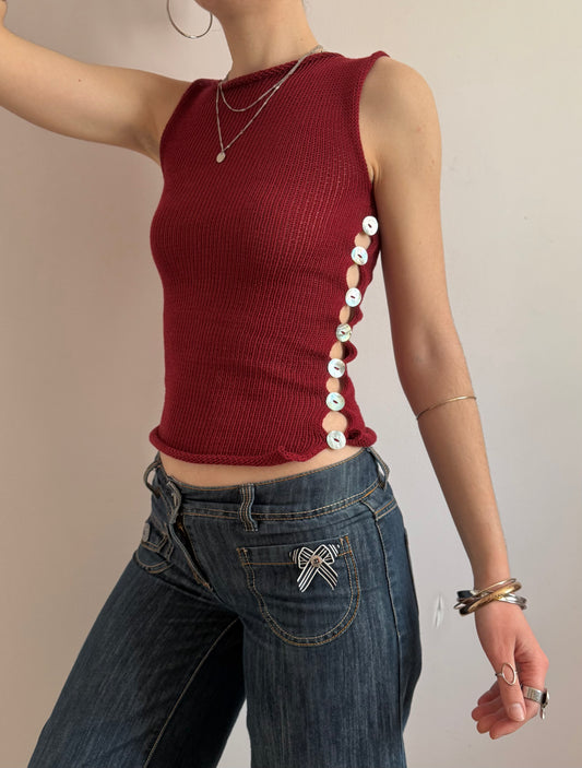 The Pearl Vest in cherry red - handmade knitted vest with mother of pearl buttons