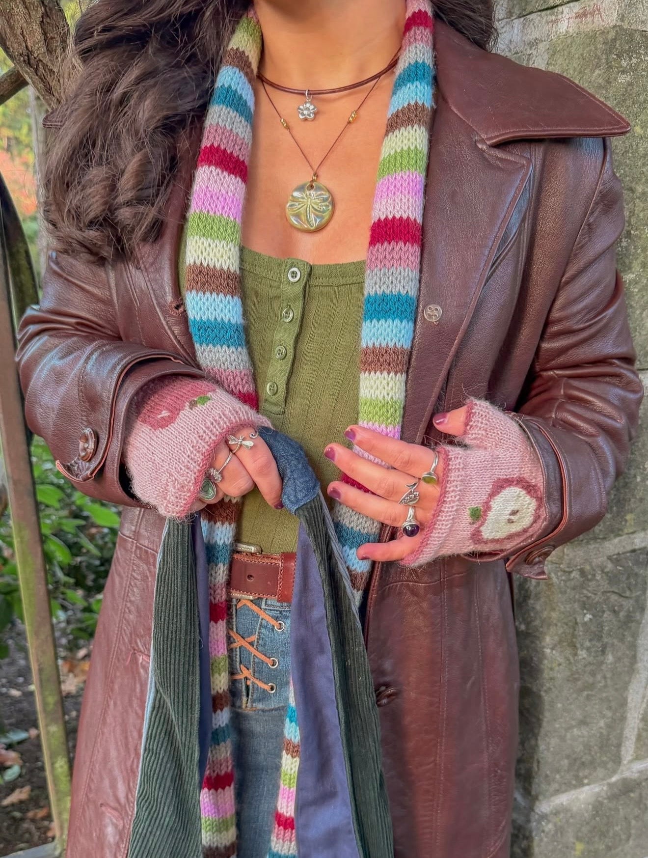Handmade knitted multicoloured striped skinny scarf