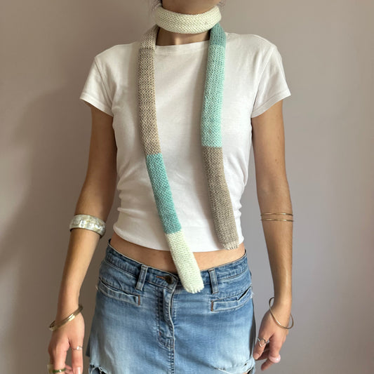 Handmade cotton knitted colour block skinny scarf in baby blue, cream and beige