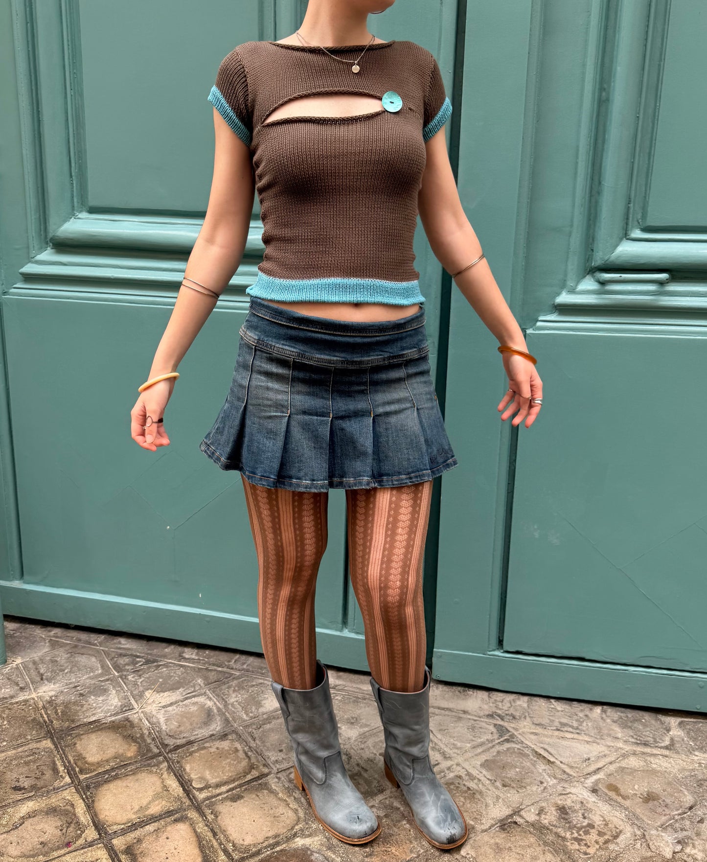 1 of 1 “cute as a button” cotton knitted tee in mocha & teal - pre made in XS