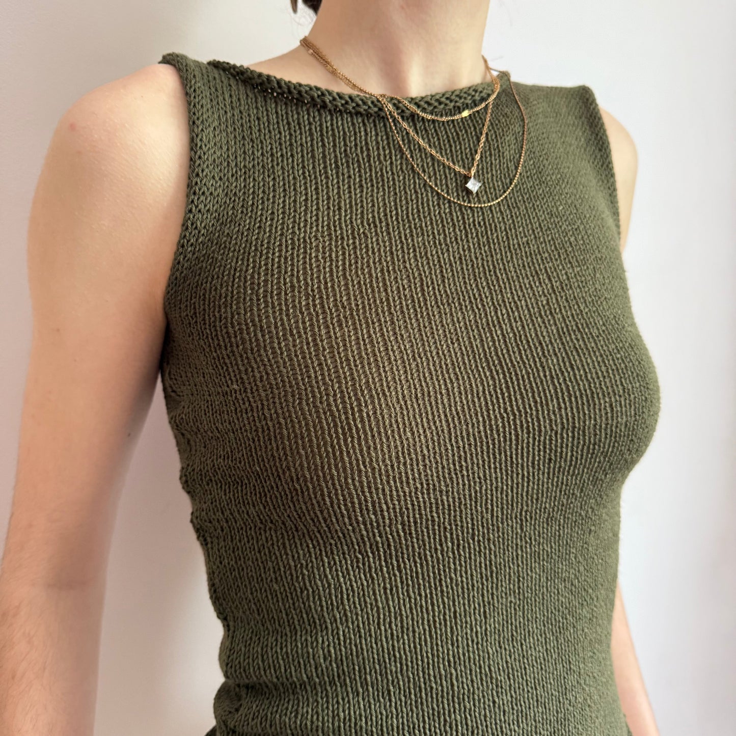 The Pearl Vest in khaki green - choose from 2 design options (pre-made with buttons on both sides in S)