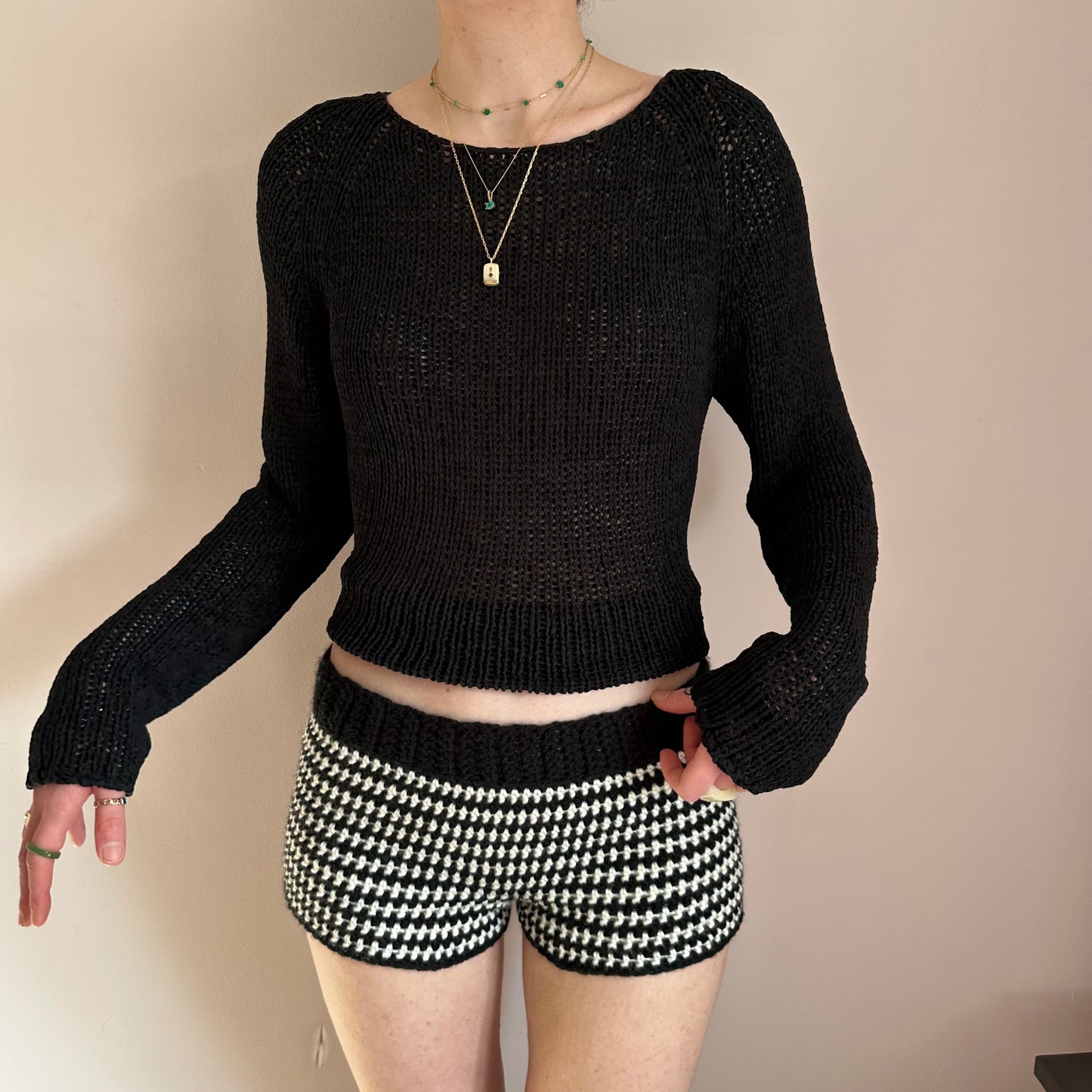 Handmade cream and black striped crochet shorts