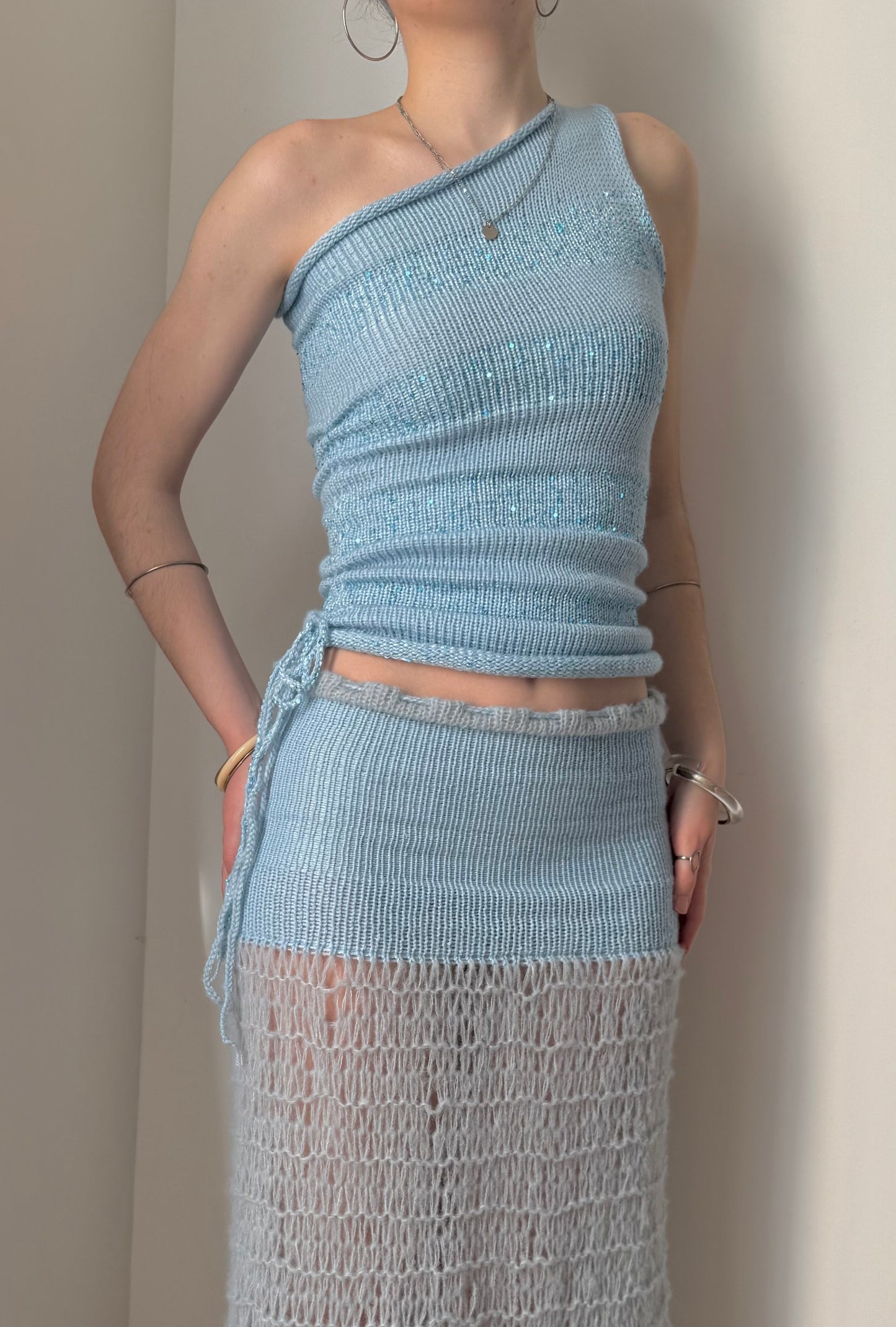 Handmade sparkly draped one shoulder knit top in baby blue (pre made in S)