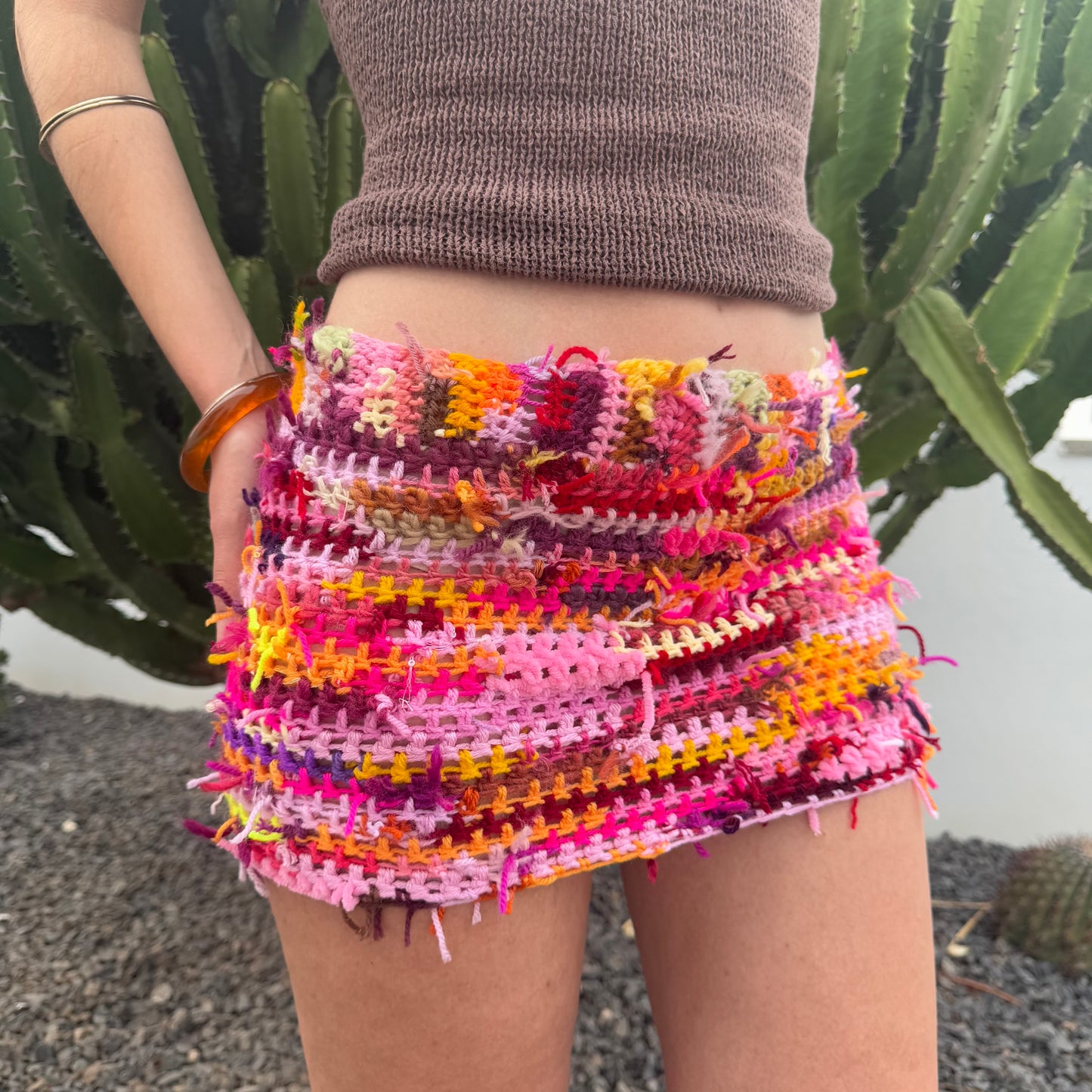 Handmade scrappy crochet mini skirt - 1 of 1, made of leftover yarn scraps (pre made in size S)