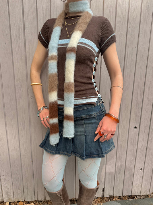 Fluffy striped knit scarf - Baby Blue, Cream & Brown (choose skinny or full width)