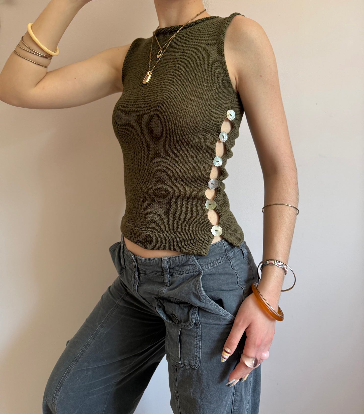 The Pearl Vest in khaki green - choose from 2 design options (pre-made with buttons on both sides in S)