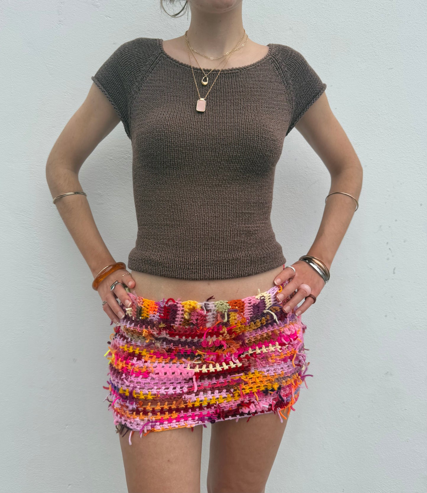 Handmade scrappy crochet mini skirt - 1 of 1, made of leftover yarn scraps (pre made in size S)