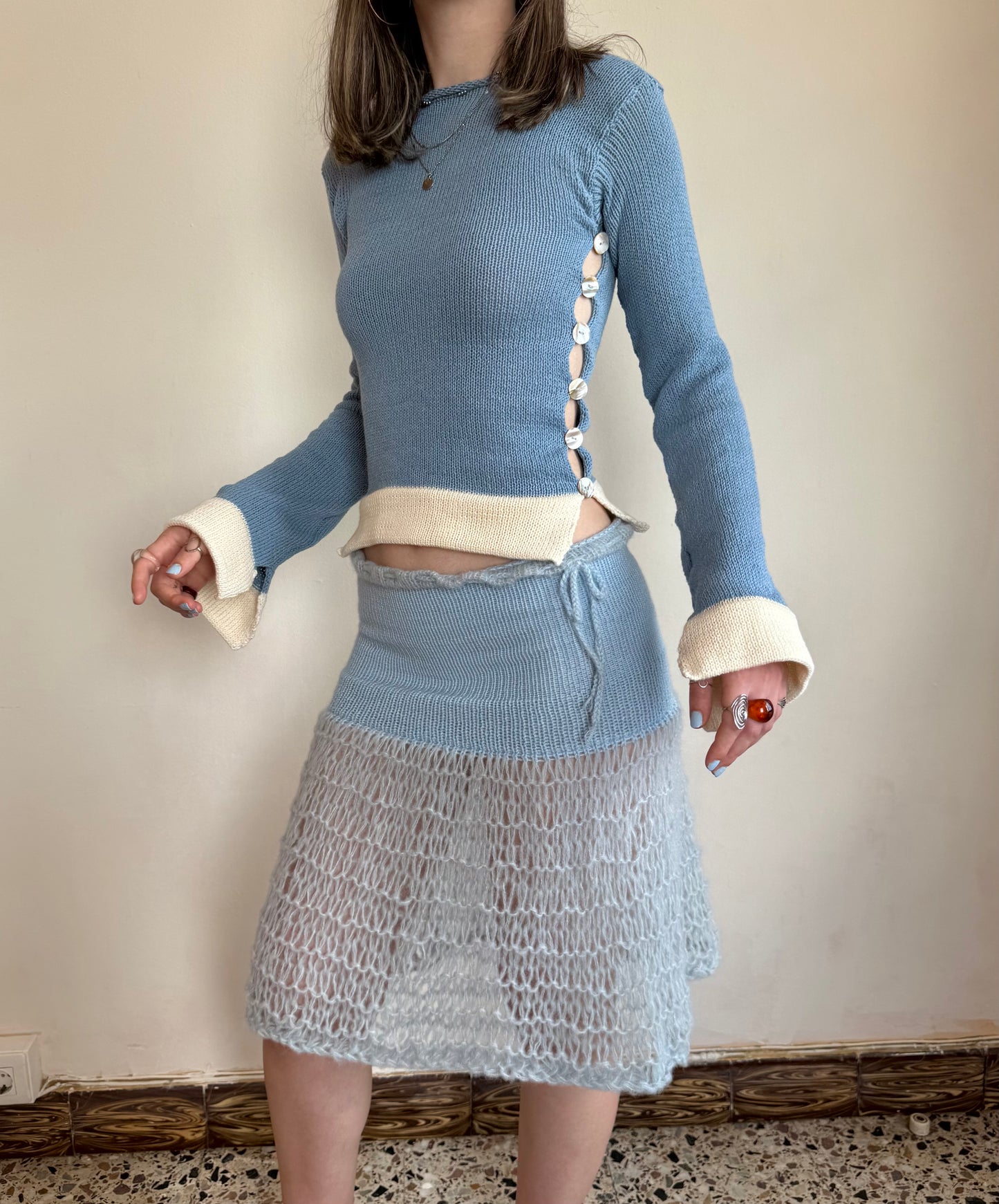 Colour block Pearl long sleeve in dusty blue & cream - 1 of 1 (pre made in S)