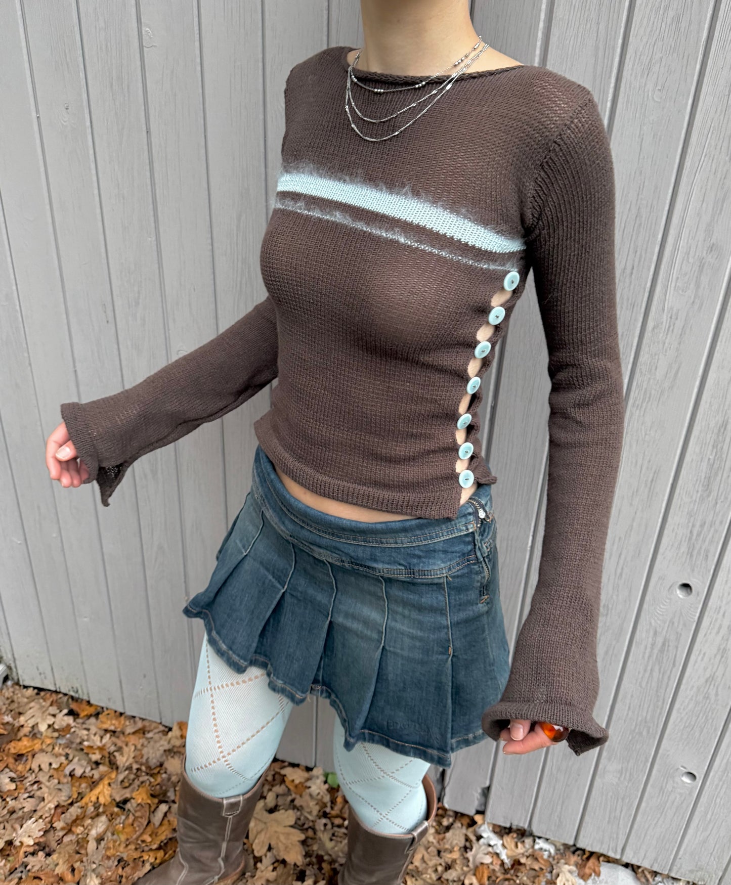 Pearl Long Sleeve in brown and blue - handmade striped knit jumper with buttons