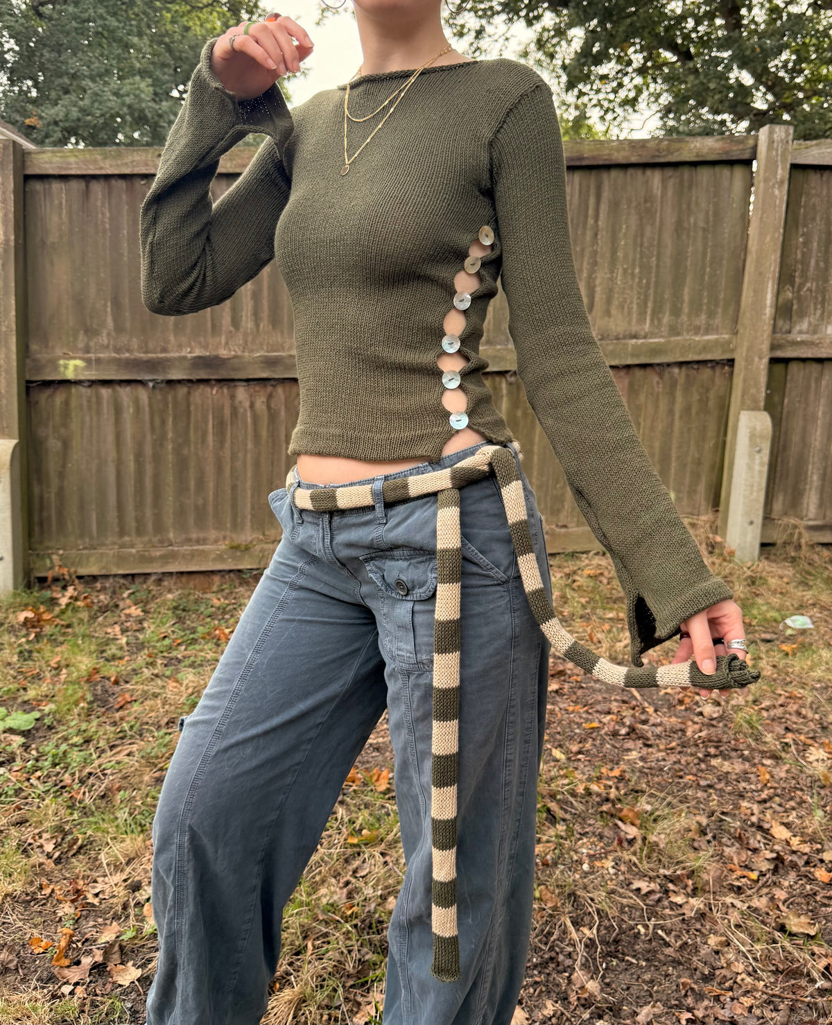 1 of 1 cotton knitted skinny scarf / belt in khaki green & beige (pre made)