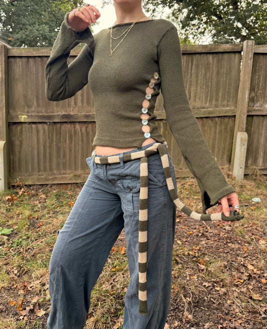 1 of 1 cotton knitted skinny scarf / belt in khaki green & beige (pre made)