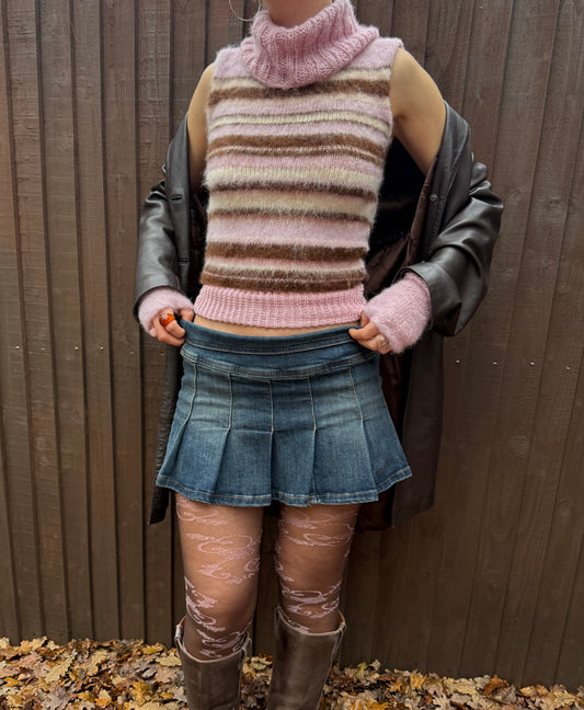 The Neapolitan Ice Cream Vest - brown, cream & baby pink fluffy striped turtleneck knit vest