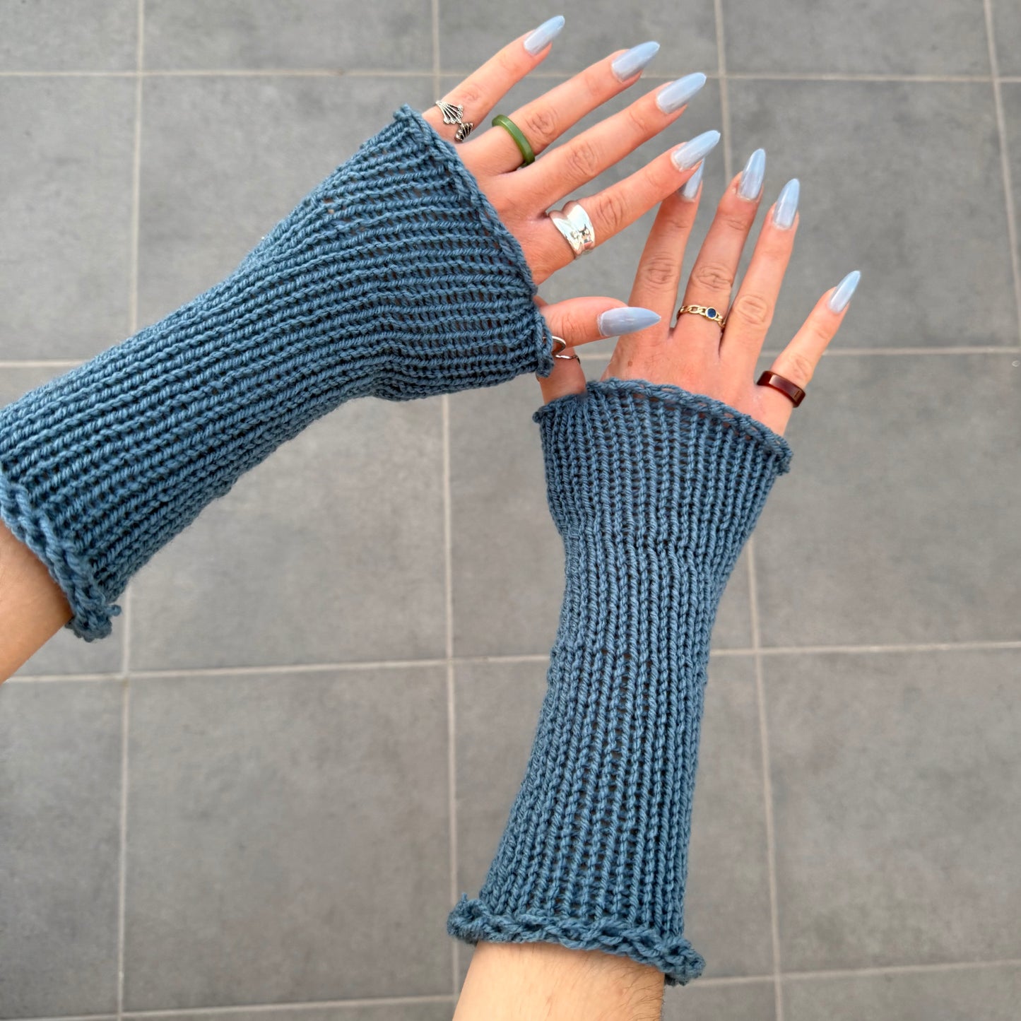 Handmade knitted blue hand warmers - pre made