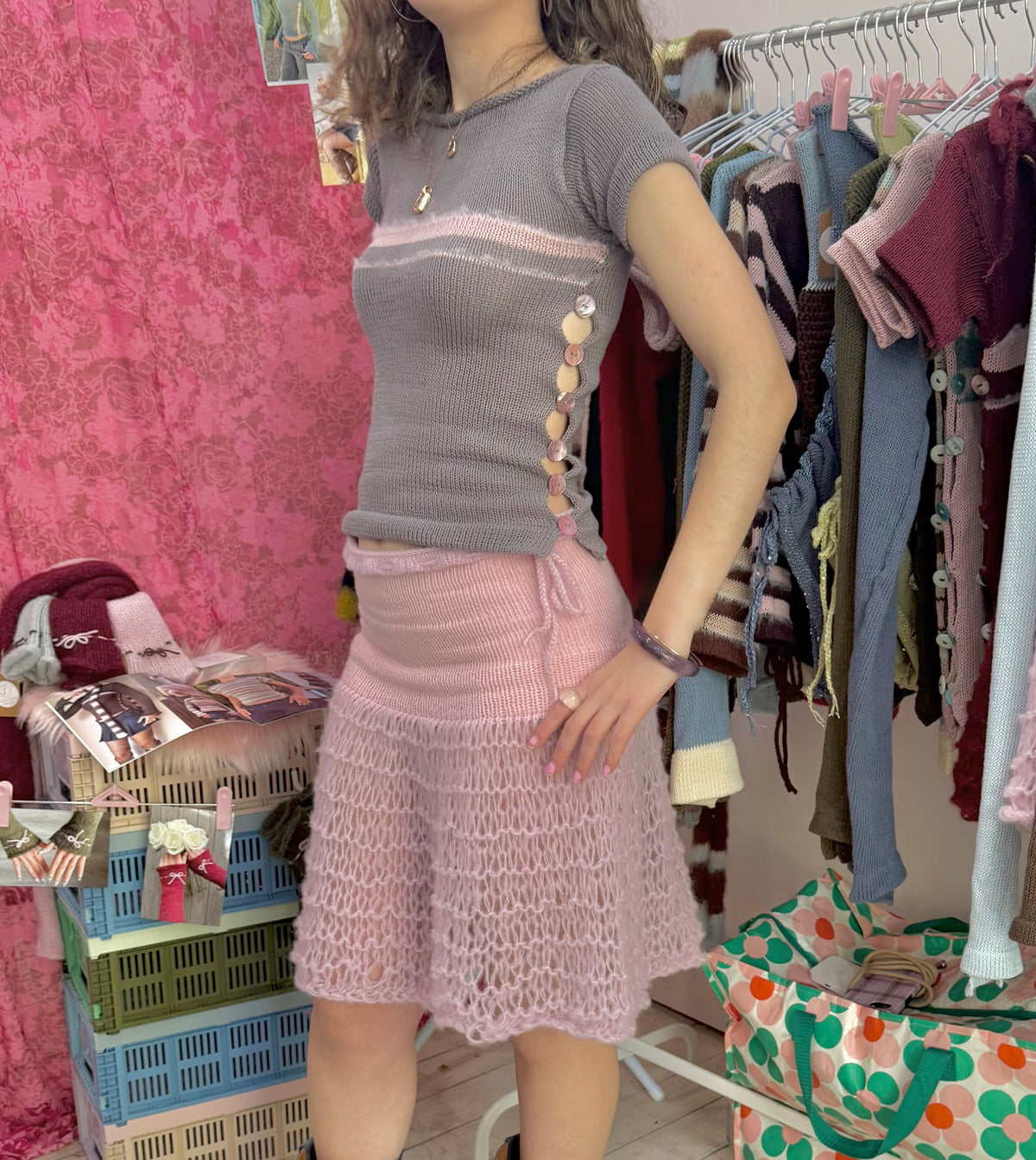 Pearl Tee in Grey & Pink (pre made in S)